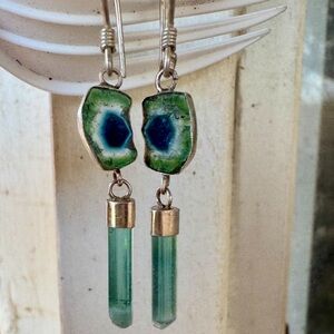 Rare genuine indicolite tourmaline slice earrings handmade $2599